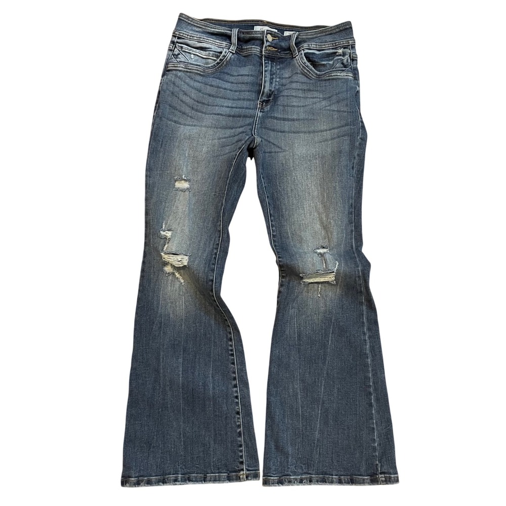 KanCan‎ Signature Kurvy Mid-Rise Flare Distressed Jeans Medium Wash Womens
